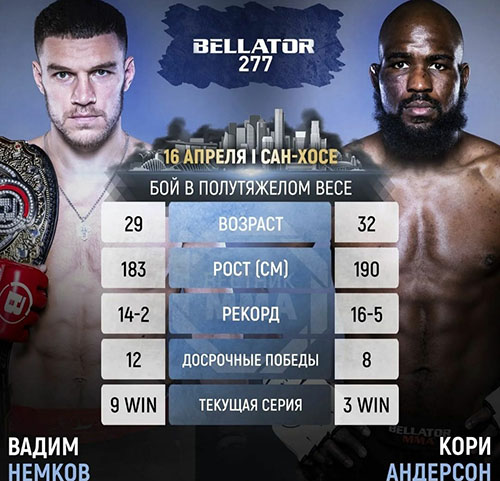 Бой Вадим Немков – Кори Андерсон на турнире Bellator 277